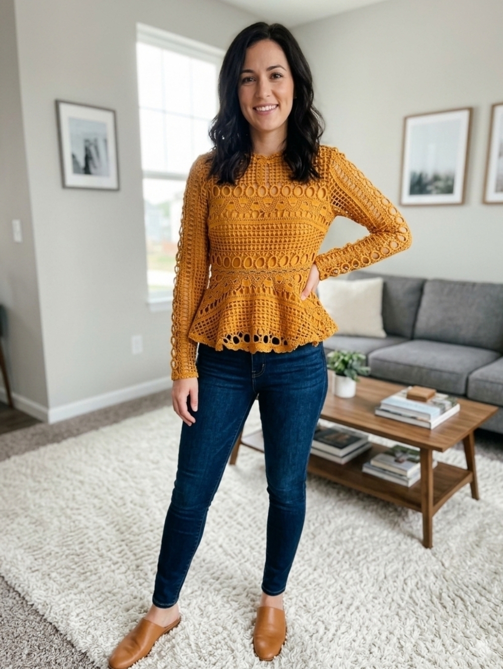 SHEIN Mustard Crochet Long-Sleeve Peplum Blouse